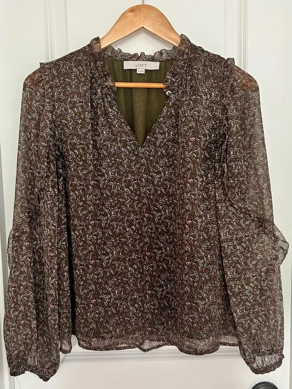 LOFT Olive Green Floral Sheer V-Neck Long Sleeve Blouse